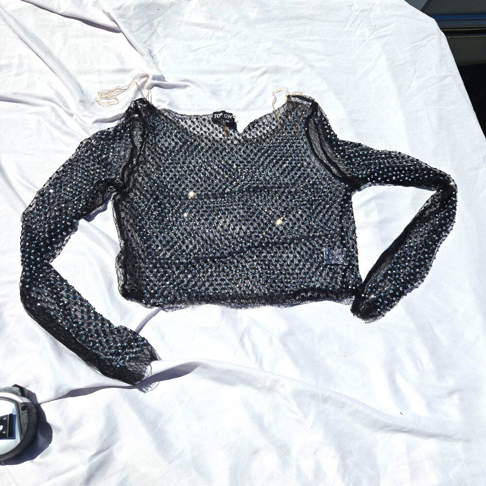 Top Chic Mesh Studded Crop Top Lightweight with Small Tear on Collar Priced LOW